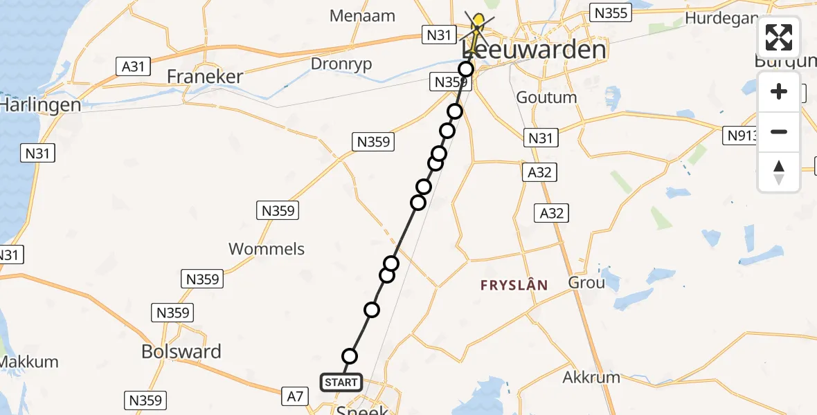 Routekaart van de vlucht: Ambulanceheli naar Leeuwarden, Ivige Leane