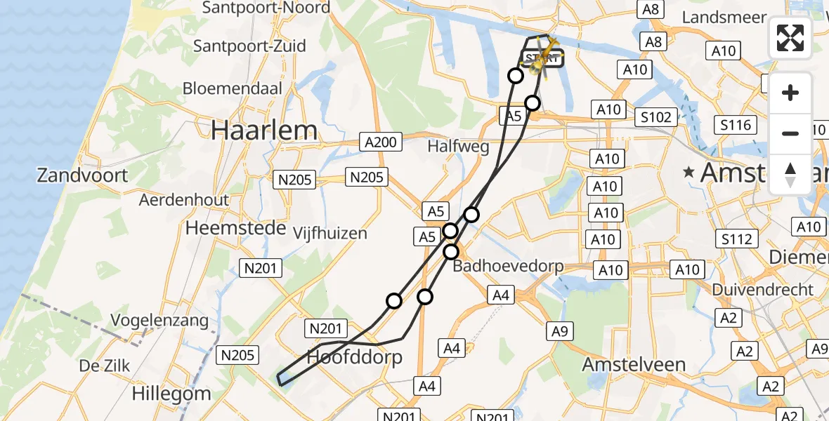 Vluchtroute Traumahelikopter van Amsterdam Heliport naar Amsterdam Heliport