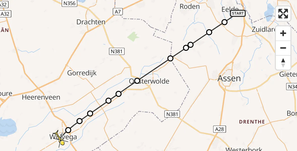 Routekaart van de vlucht: Lifeliner 4 naar Wolvega, Veldkampweg