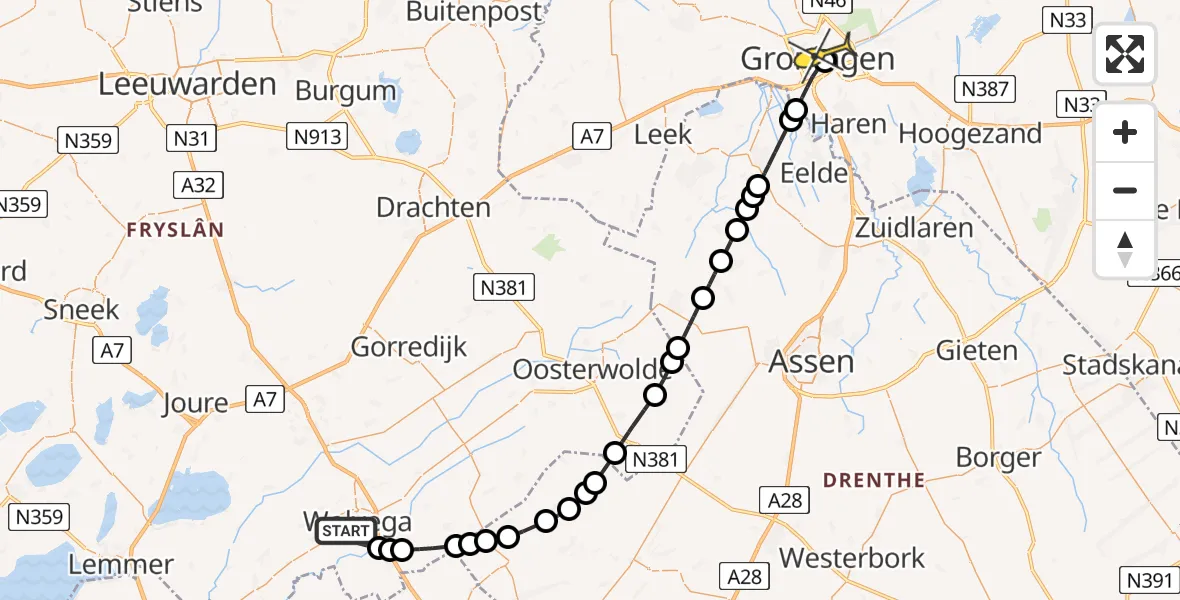 Routekaart van de vlucht: Lifeliner 4 naar Universitair Medisch Centrum Groningen, De Meenthe