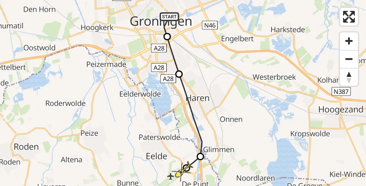 Routekaart van de vlucht: Lifeliner 4 naar Groningen Airport Eelde, J.A. Feithstraat