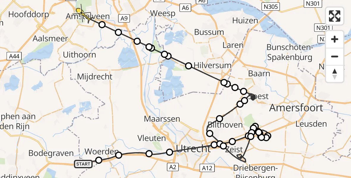 Routekaart van de vlucht: Politieheli naar Amstelveen, Kromwijkerpad