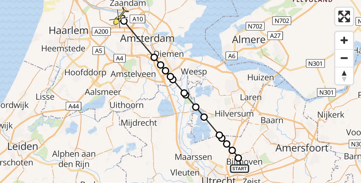 Routekaart van de vlucht: Lifeliner 1 naar Amsterdam Heliport, Agaatvlinder