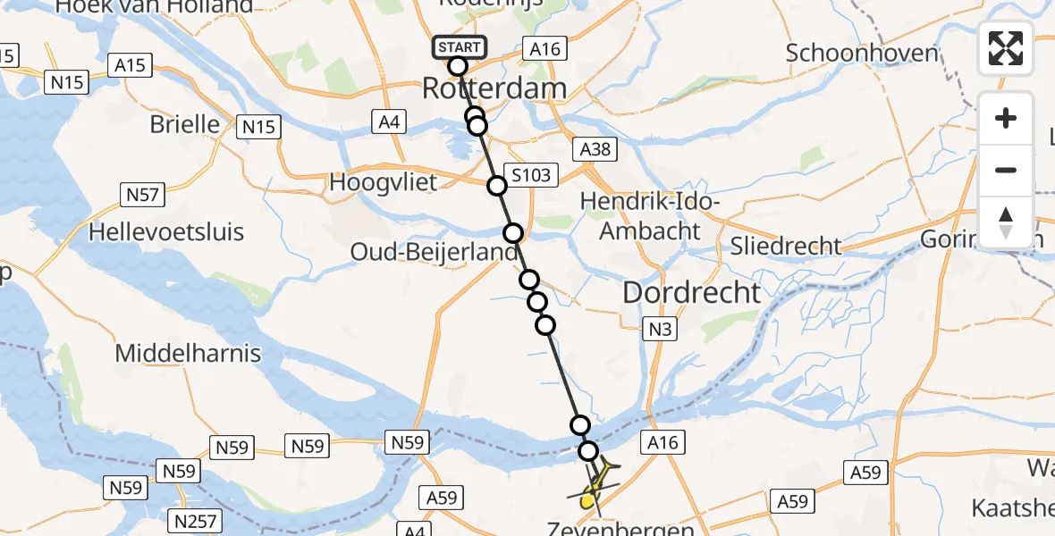Routekaart van de vlucht: Lifeliner 2 naar Moerdijk, Rijs-en-daalpad