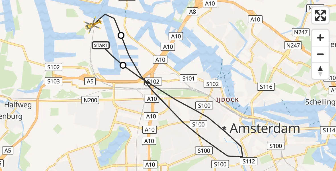 Vluchtroute Traumahelikopter van Amsterdam Heliport naar Amsterdam Heliport