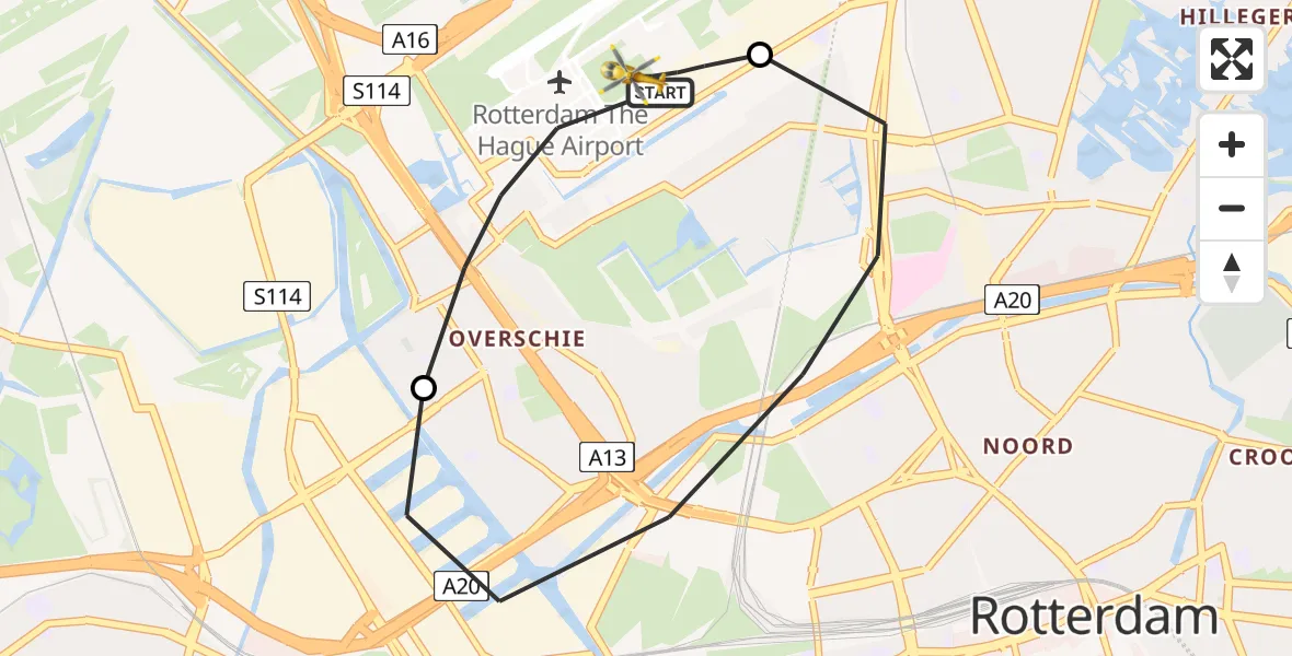 Vluchtroute Traumahelikopter Rotterdam The Hague Airport - Rotterdam The Hague Airport, 13 februari 2024, 09:40