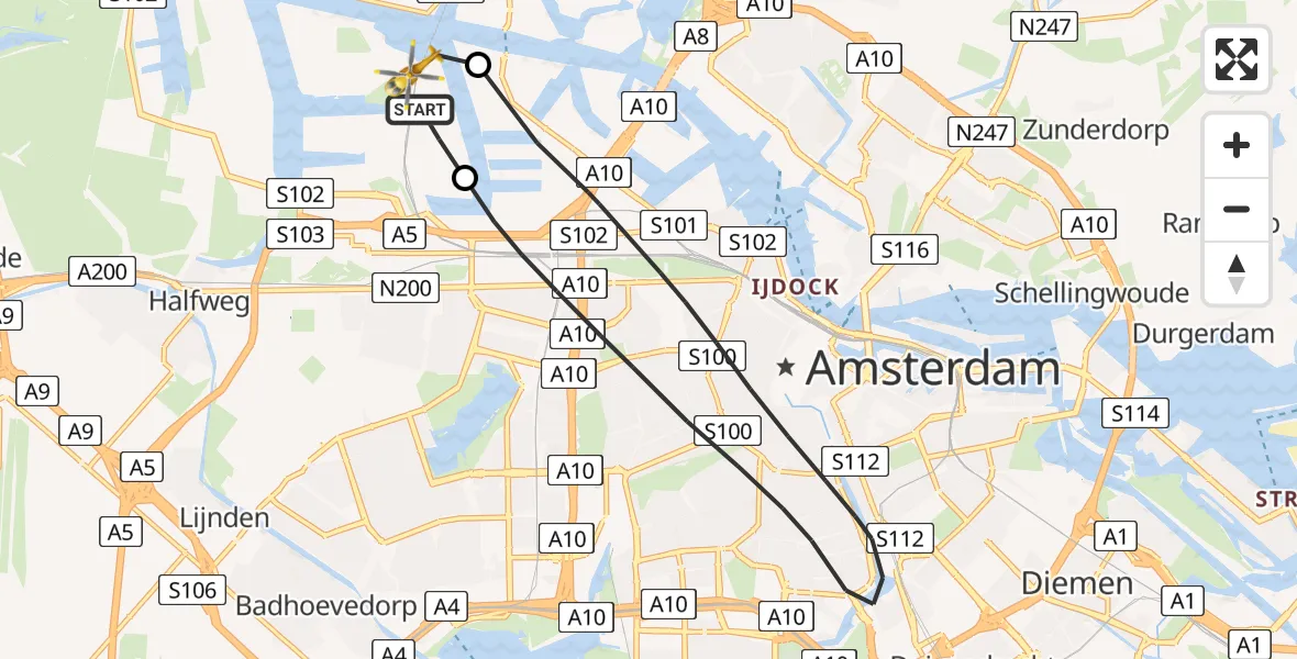 Vluchtroute Traumahelikopter van Amsterdam Heliport naar Amsterdam Heliport