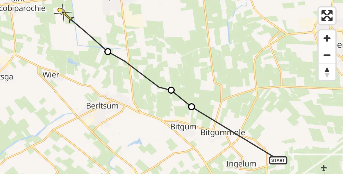 Routekaart van de vlucht: Ambulanceheli naar St.-Jacobiparochie, Alddyk