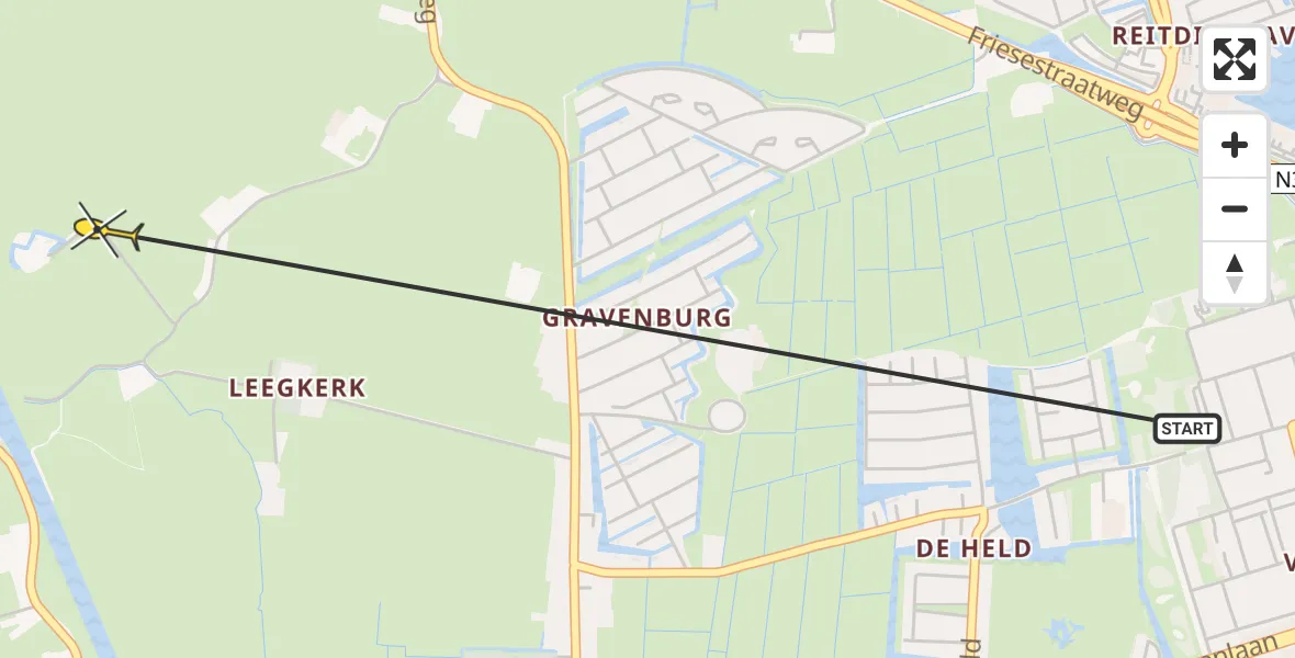 Routekaart van de vlucht: Ambulancehelikopter naar Groningen, Zijlvesterweg