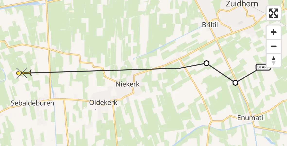 Routekaart van de vlucht: Ambulanceheli naar Sebaldeburen, Hoendiep Oostzijde