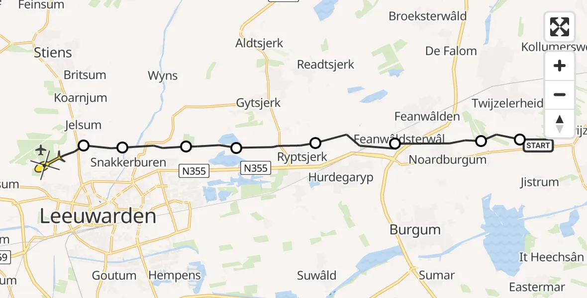 Routekaart van de vlucht: Ambulancehelikopter naar Vliegbasis Leeuwarden, It Skeanpaed