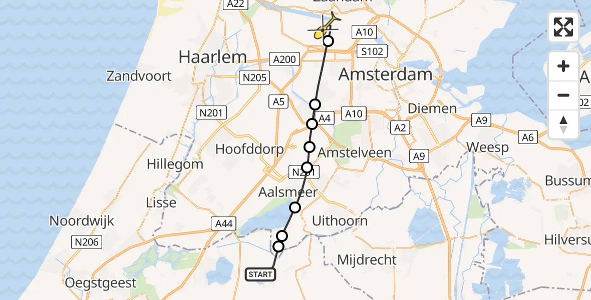 Routekaart van de vlucht: Lifeliner 1 naar Amsterdam Heliport, Laarzenpad Geerpolder