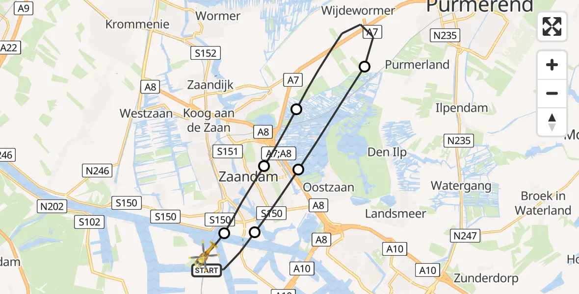 Vluchtroute Traumahelikopter van Amsterdam Heliport naar Amsterdam Heliport