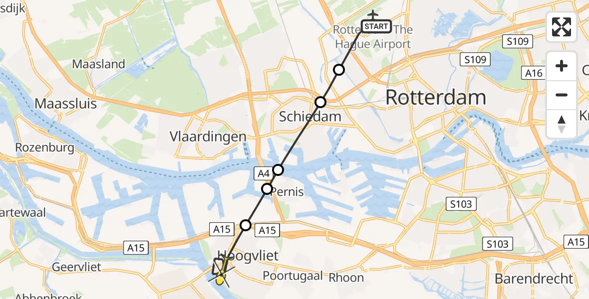 Routekaart van de vlucht: Lifeliner 2 naar Hoogvliet, Grote Werfstraat