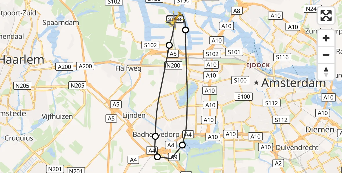 Vluchtroute Traumahelikopter van Amsterdam Heliport naar Amsterdam Heliport