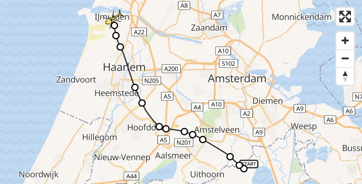 Routekaart van de vlucht: Lifeliner 1 naar IJmuiden, Waverdijk