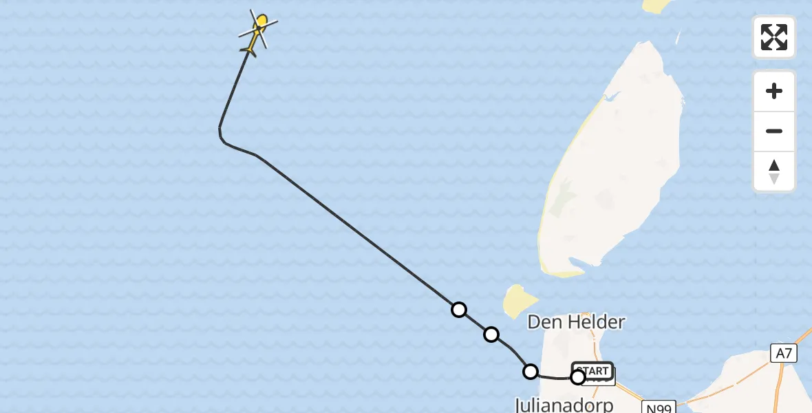 Routekaart van de vlucht: Kustwachthelikopter naar Middenvliet