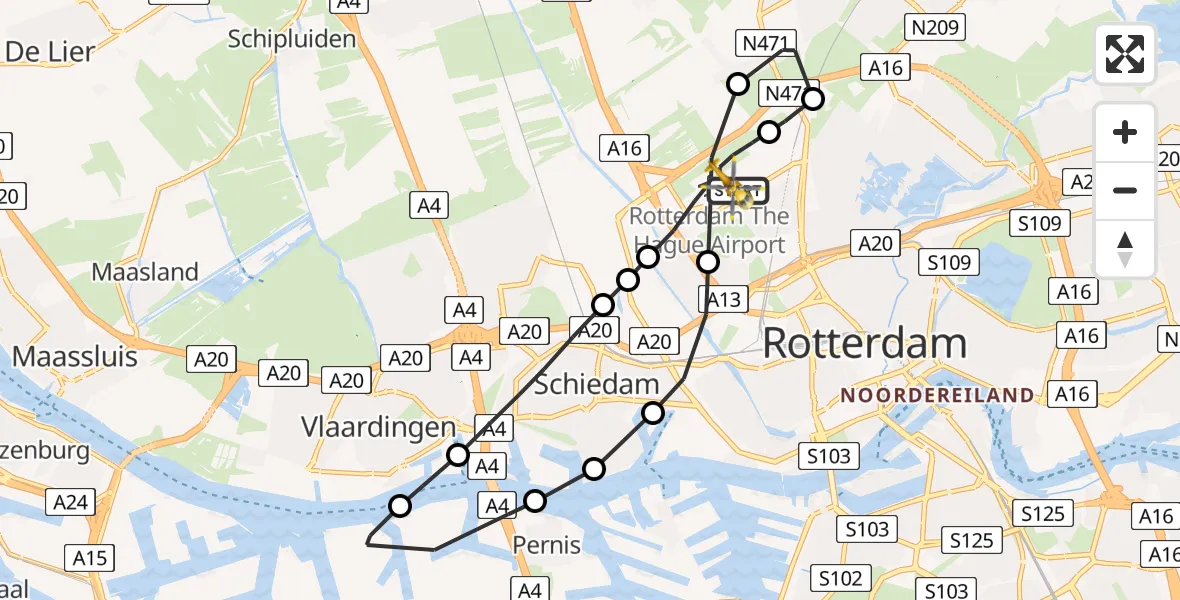 Vluchtroute Traumahelikopter Rotterdam The Hague Airport - Rotterdam The Hague Airport, 13 februari 2024, 19:26