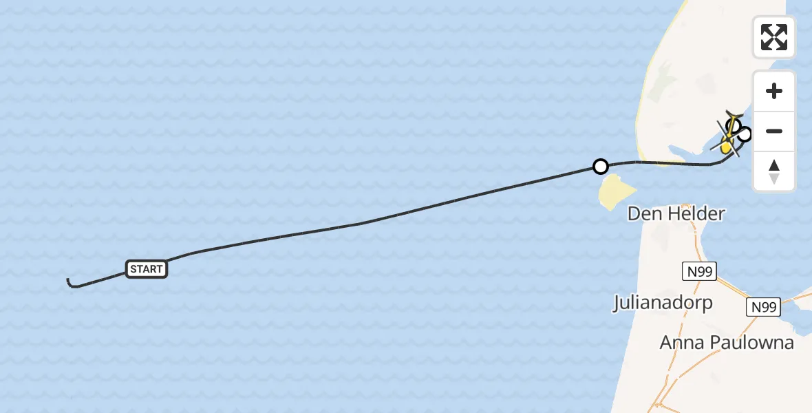 Routekaart van de vlucht: Kustwachthelikopter naar Den Hoorn, Texelstroom