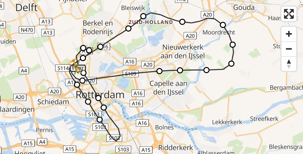 Vluchtroute Traumahelikopter Rotterdam The Hague Airport - Rotterdam The Hague Airport, 13 februari 2024, 19:49