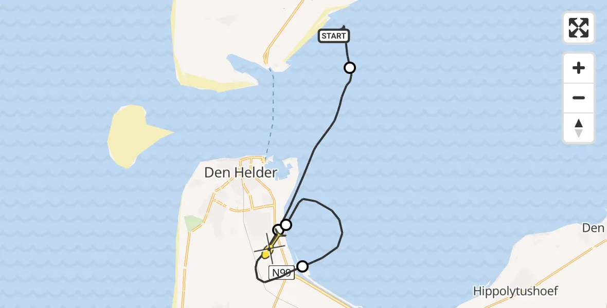 Routekaart van de vlucht: Kustwachthelikopter naar Vliegveld De Kooy, Texelstroom