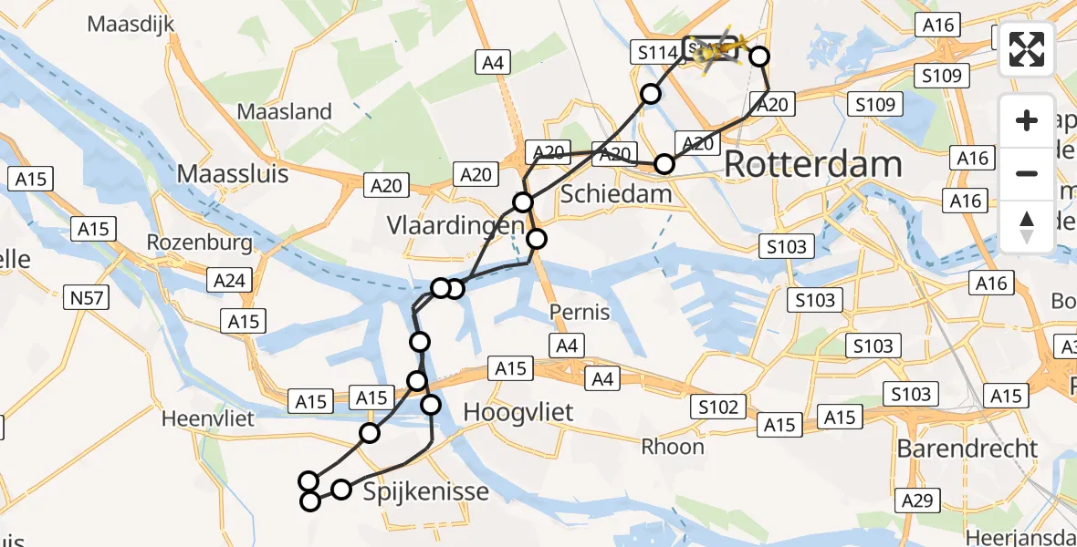 Vluchtroute Traumahelikopter Rotterdam The Hague Airport - Rotterdam The Hague Airport, 14 februari 2024, 07:04