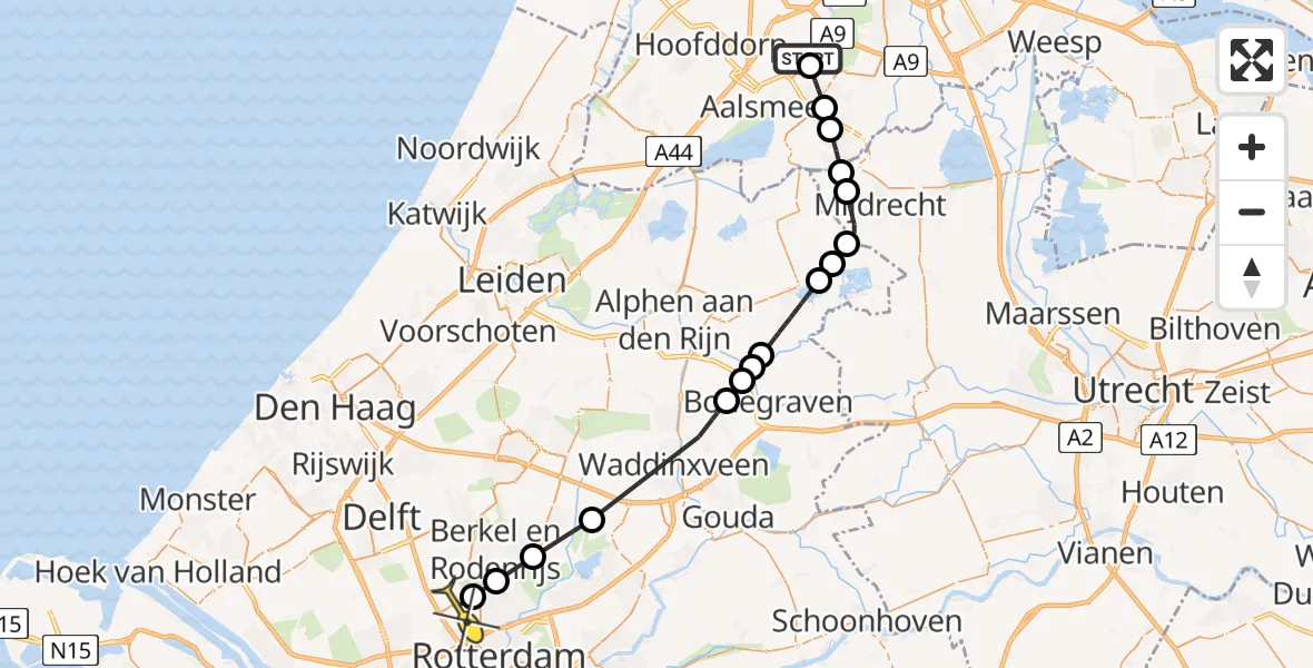 Routekaart van de vlucht: Politieheli naar Rotterdam The Hague Airport, Meester Jac. Takkade