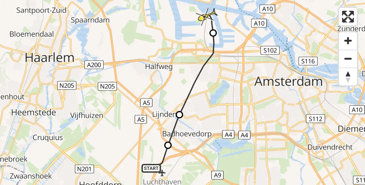 Routekaart van de vlucht: Lifeliner 1 naar Amsterdam Heliport, Sneeuwvlootweg