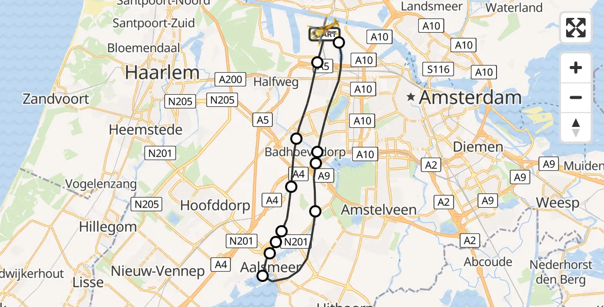 Vluchtroute Traumahelikopter van Amsterdam Heliport naar Amsterdam Heliport