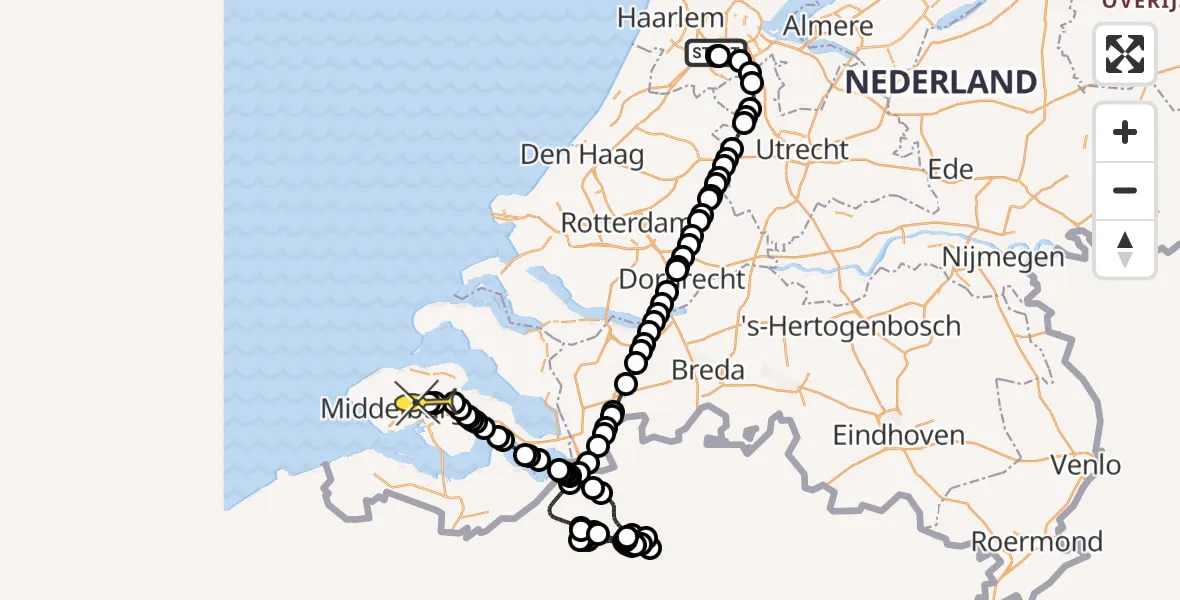 Vluchtroute Politiehelikopter van Schiphol naar Vliegveld Midden-Zeeland