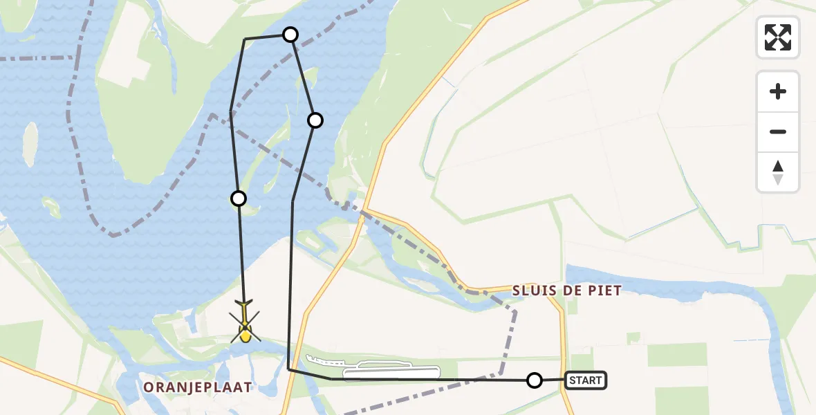 Routekaart van de vlucht: Politieheli naar Vliegveld Midden-Zeeland, Calandweg