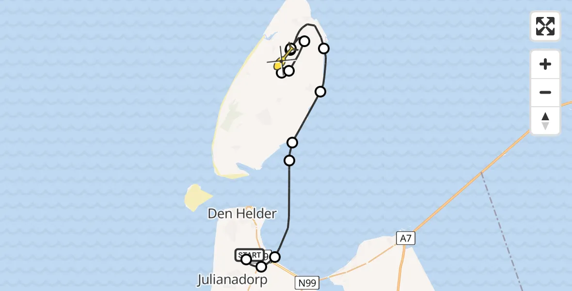 Routekaart van de vlucht: Kustwachthelikopter naar Texel International Airport, Rijksweg