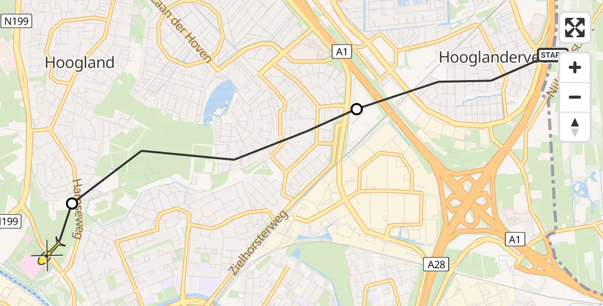 Routekaart van de vlucht: Lifeliner 1 naar Hoogland, Ossenkamp