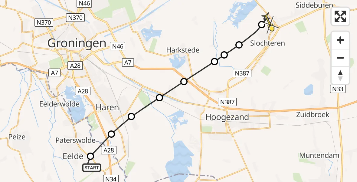 Routekaart van de vlucht: Lifeliner 4 naar Schildwolde, Burgemeester J.G. Legroweg