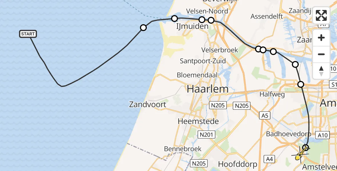 Routekaart van de vlucht: Politieheli naar Schiphol, Aalsmeer