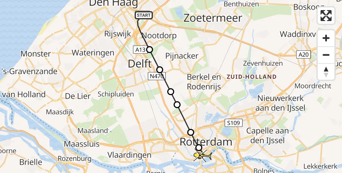 Routekaart van de vlucht: Lifeliner 1 naar Erasmus MC, Meidoornlaan