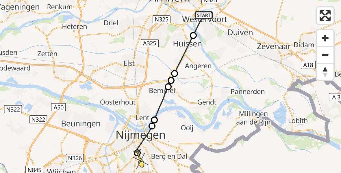 Routekaart van de vlucht: Lifeliner 3 naar Radboud Universitair Medisch Centrum, De Waaij