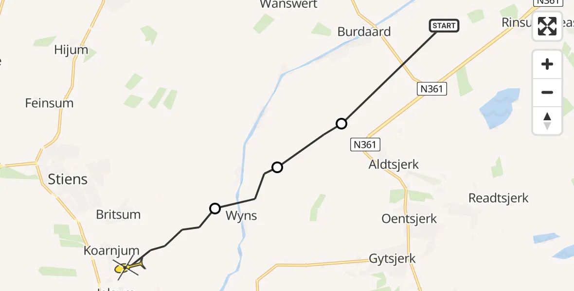 Routekaart van de vlucht: Ambulancehelikopter naar Koarnjum, Aldemiedwei