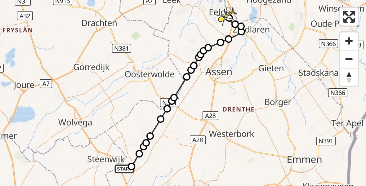 Routekaart van de vlucht: Lifeliner 4 naar Groningen Airport Eelde, Lageveldseweg