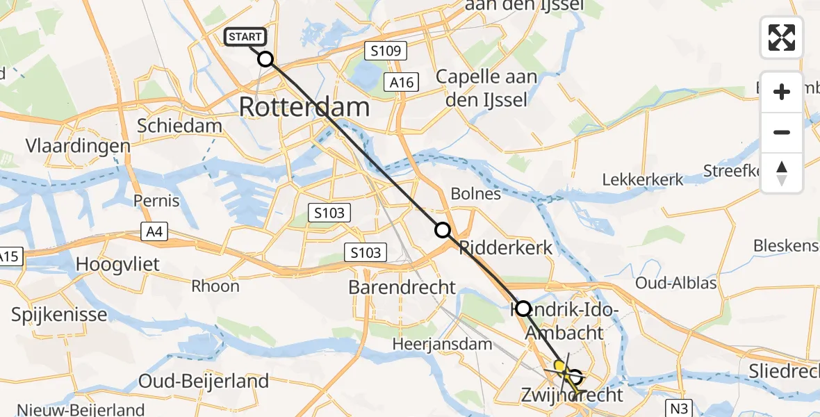 Routekaart van de vlucht: Lifeliner 2 naar Zwijndrecht, Overschiese Kleiweg