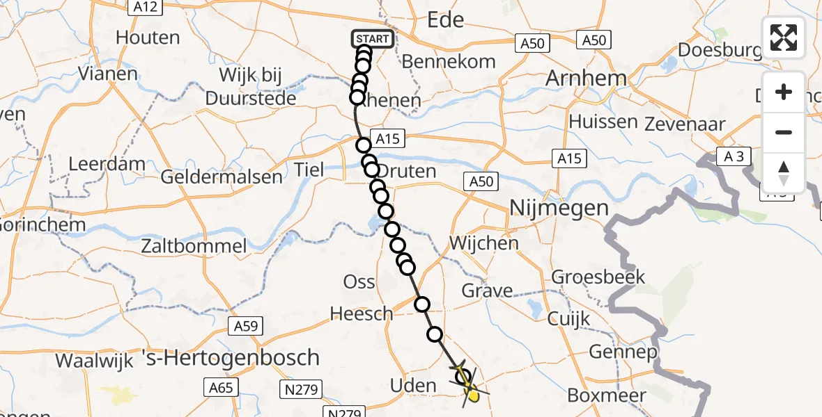 Routekaart van de vlucht: Lifeliner 3 naar Vliegbasis Volkel, 't Kofschip
