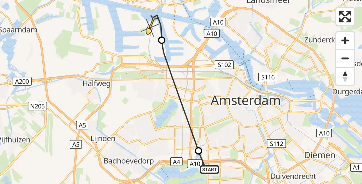 Routekaart van de vlucht: Lifeliner 1 naar Amsterdam Heliport, Jaagpad