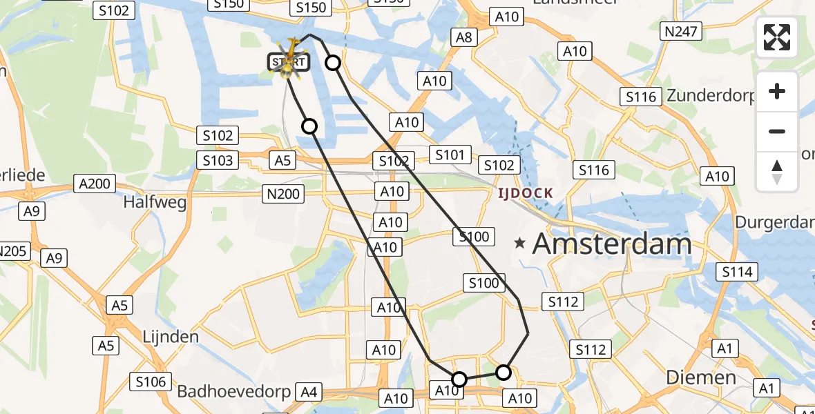 Vluchtroute Traumahelikopter van Amsterdam Heliport naar Amsterdam Heliport