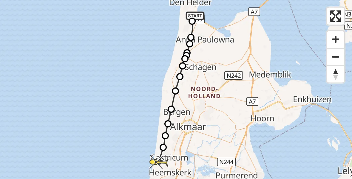 Routekaart van de vlucht: Kustwachthelikopter naar Castricum, Middenvliet