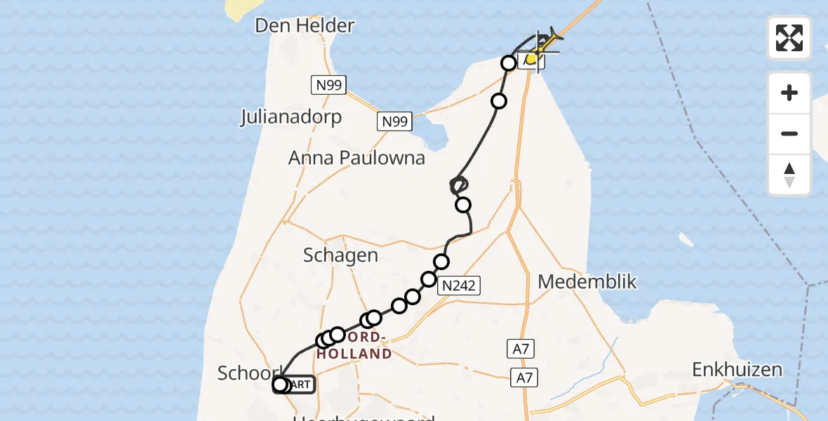 Routekaart van de vlucht: Kustwachthelikopter naar Den Oever, Westfriesedijk