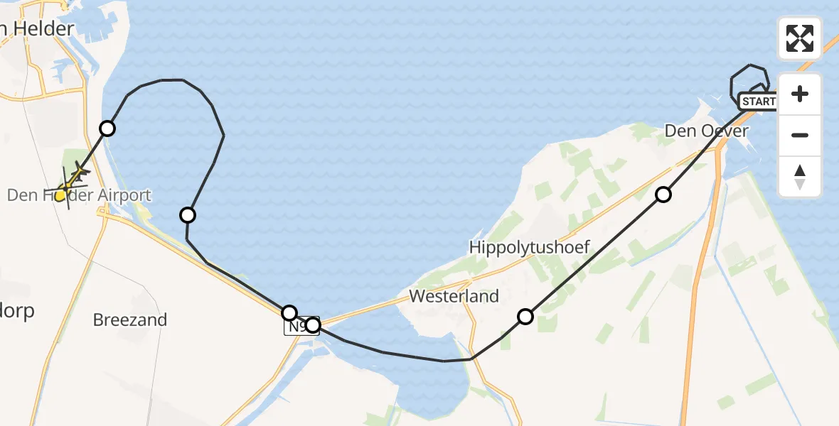 Routekaart van de vlucht: Kustwachthelikopter naar Vliegveld De Kooy, Vaarwater naar Den Oever