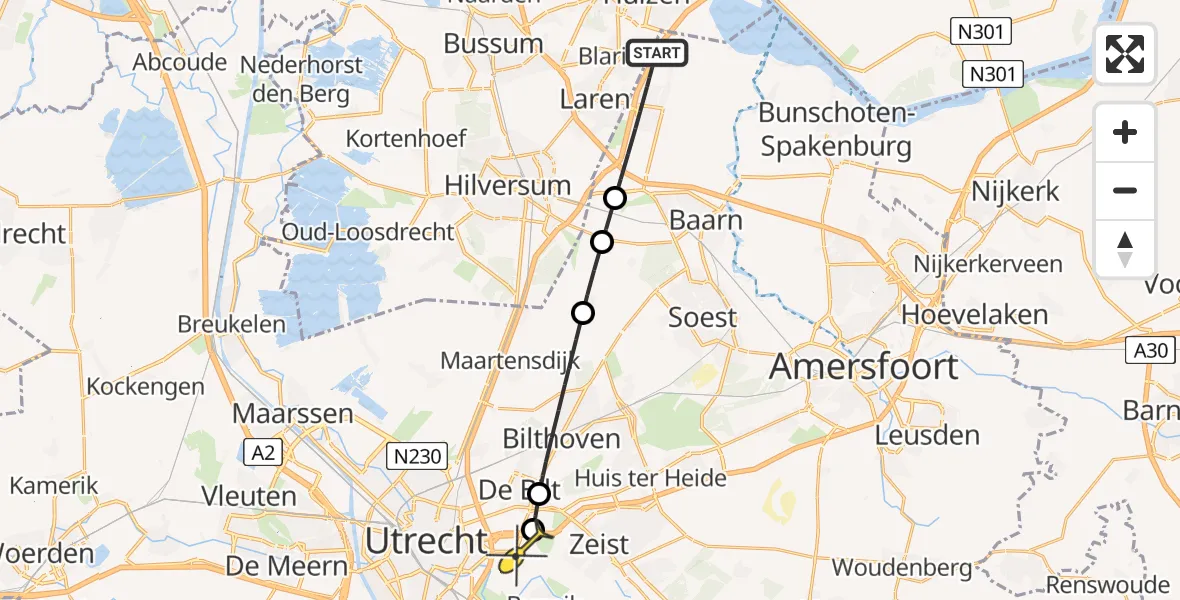 Routekaart van de vlucht: Lifeliner 3 naar Universitair Medisch Centrum Utrecht, Rijksweg A27