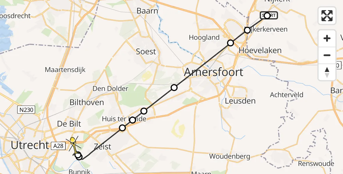 Routekaart van de vlucht: Lifeliner 1 naar Universitair Medisch Centrum Utrecht, Domstraat