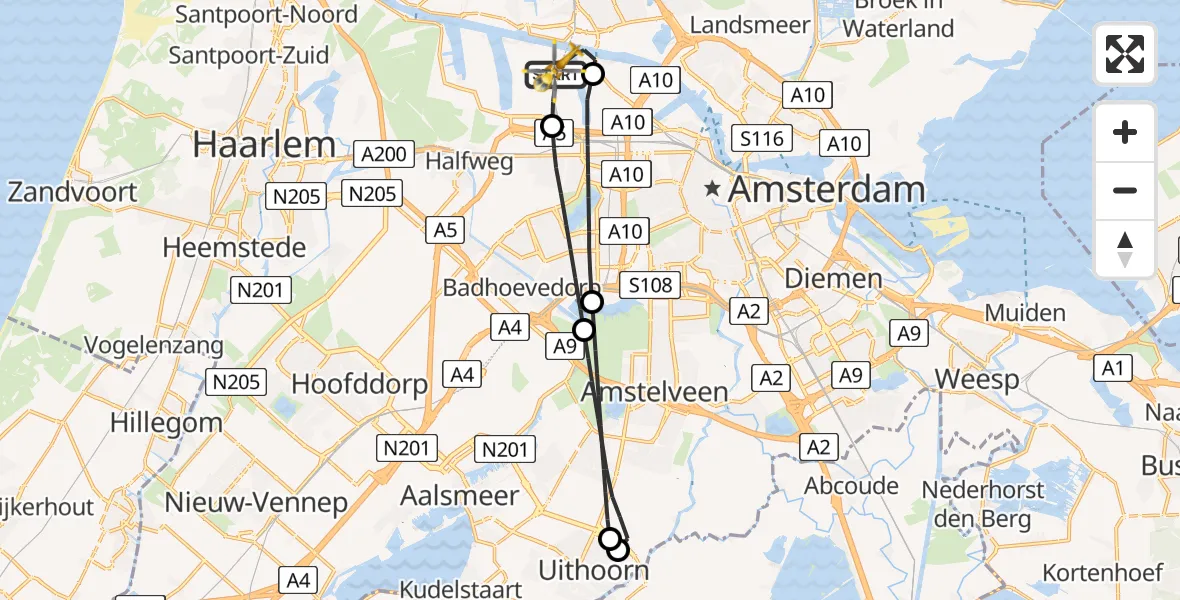 Vluchtroute Traumahelikopter van Amsterdam Heliport naar Amsterdam Heliport