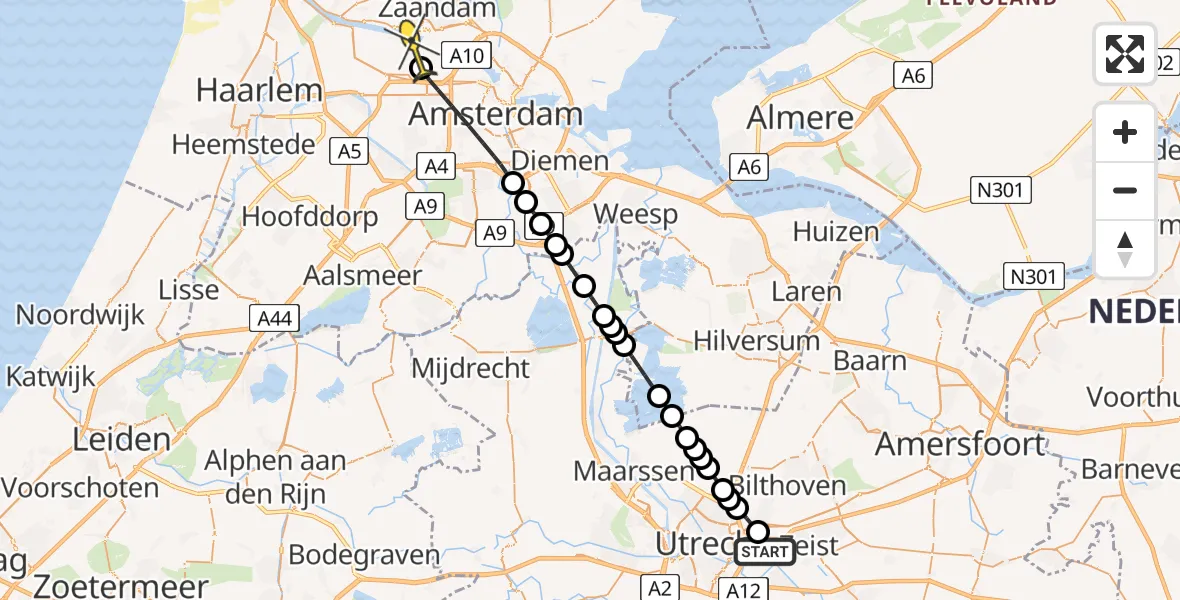 Routekaart van de vlucht: Lifeliner 1 naar Amsterdam Heliport, Utrechtseweg